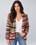 Red multicolour space-dye striped open-front knit cardigan with long sleeves, Avery W02 studio front view