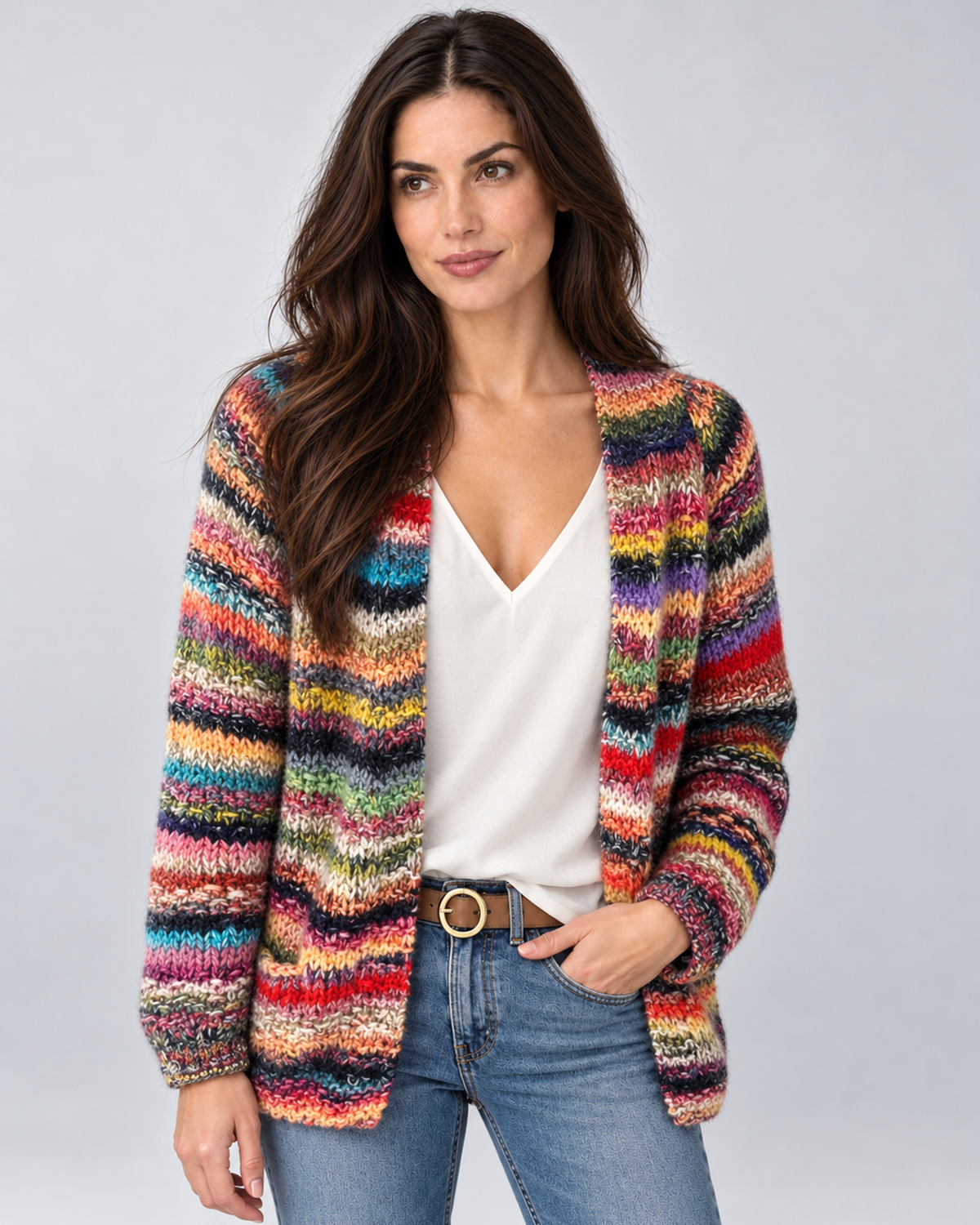 Red multicolour space-dye striped open-front knit cardigan with long sleeves, Avery W02 studio front view