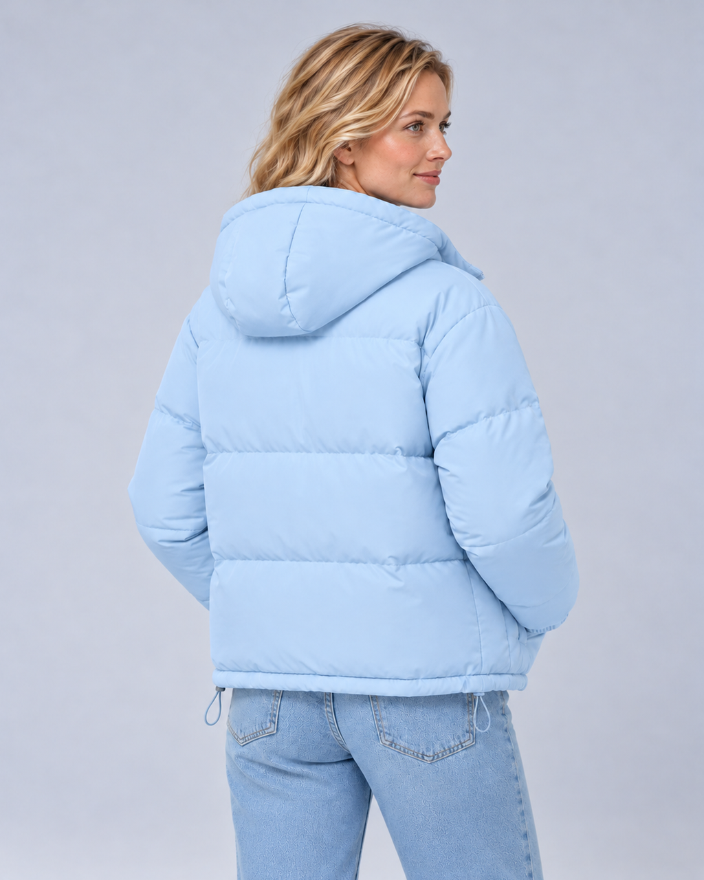 Unisex Hooded Cotton Puffer Jacket – baby blue back – Avery W01 grey studio