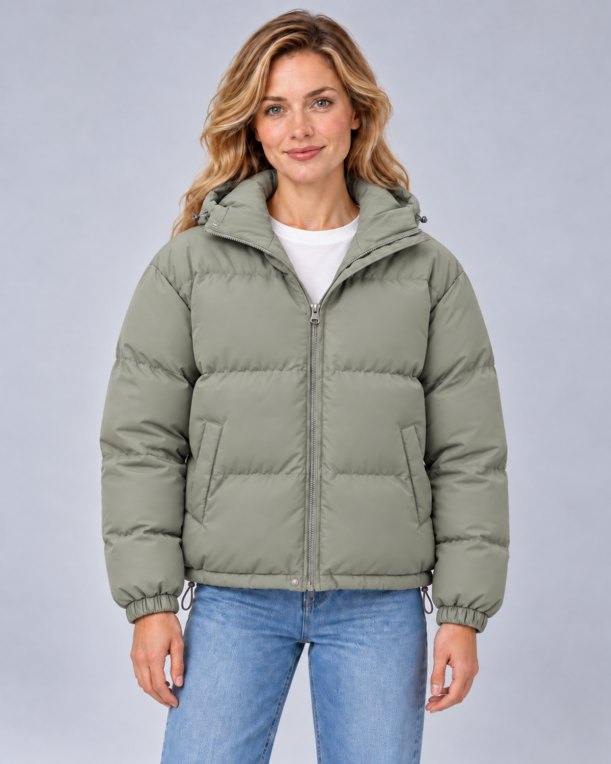Unisex Hooded Cotton Puffer Jacket – grayish green hero – Avery W01 grey studio