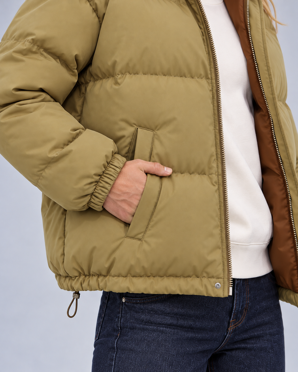 Unisex Hooded Cotton Puffer Jacket – khaki detail – Avery W01 grey studio