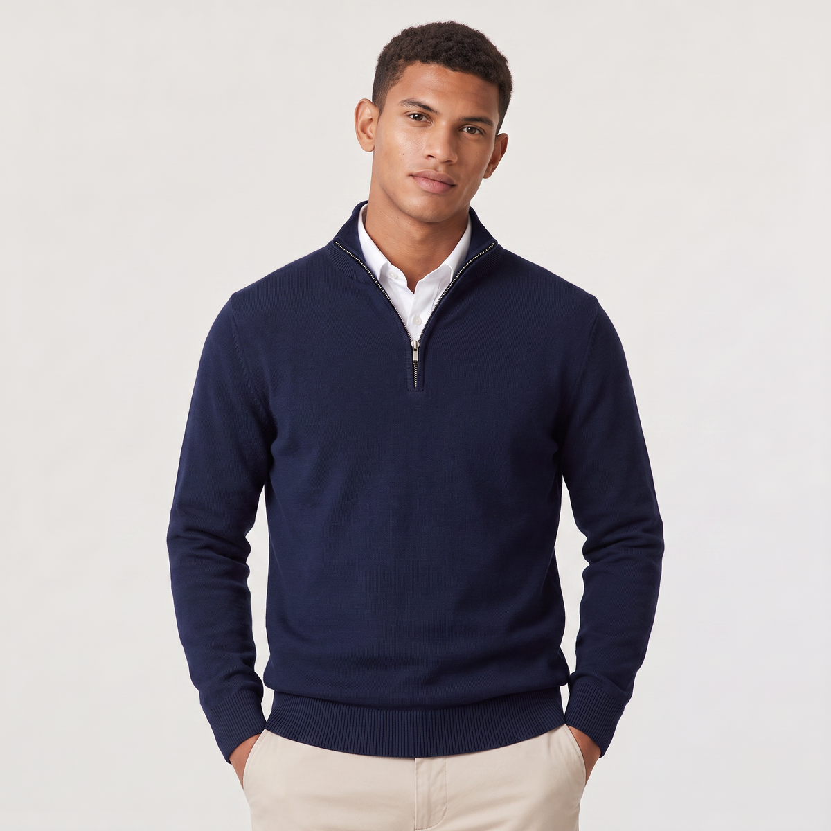 Men's Quarter-Zip Knitted-Look Sweater with Stand Collar