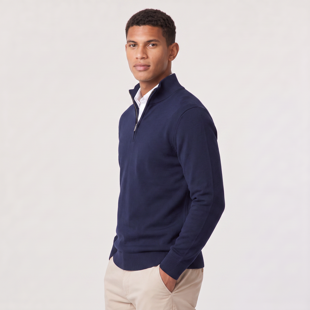 Men's Quarter-Zip Knitted-Look Sweater with Stand Collar