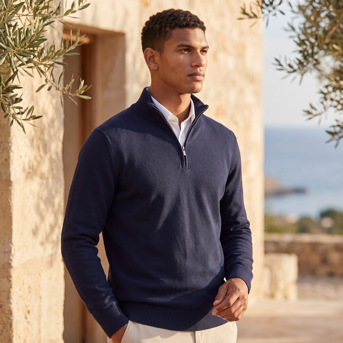 Men's Quarter-Zip Knitted-Look Sweater with Stand Collar
