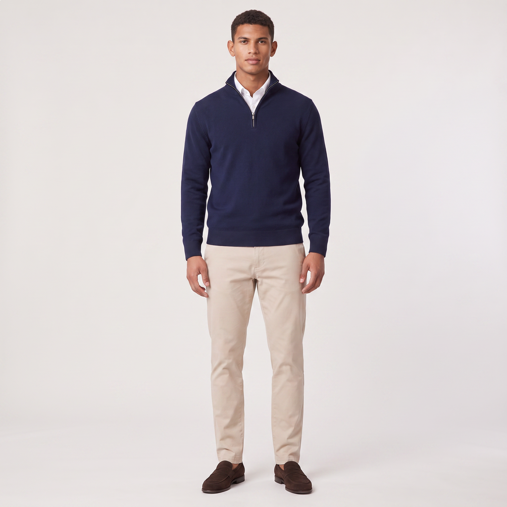 Men's Quarter-Zip Knitted-Look Sweater with Stand Collar
