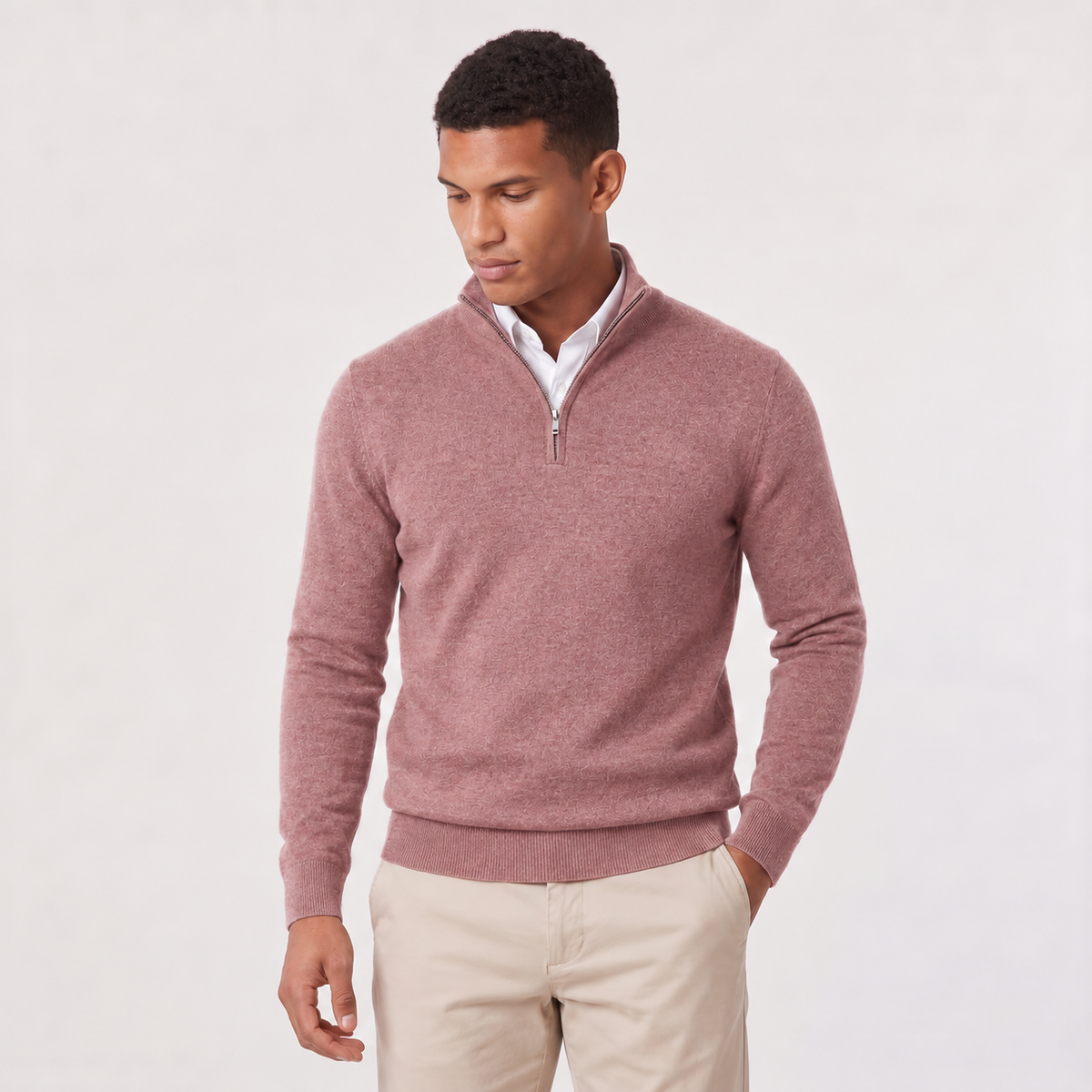 Men's Quarter-Zip Knitted-Look Sweater with Stand Collar