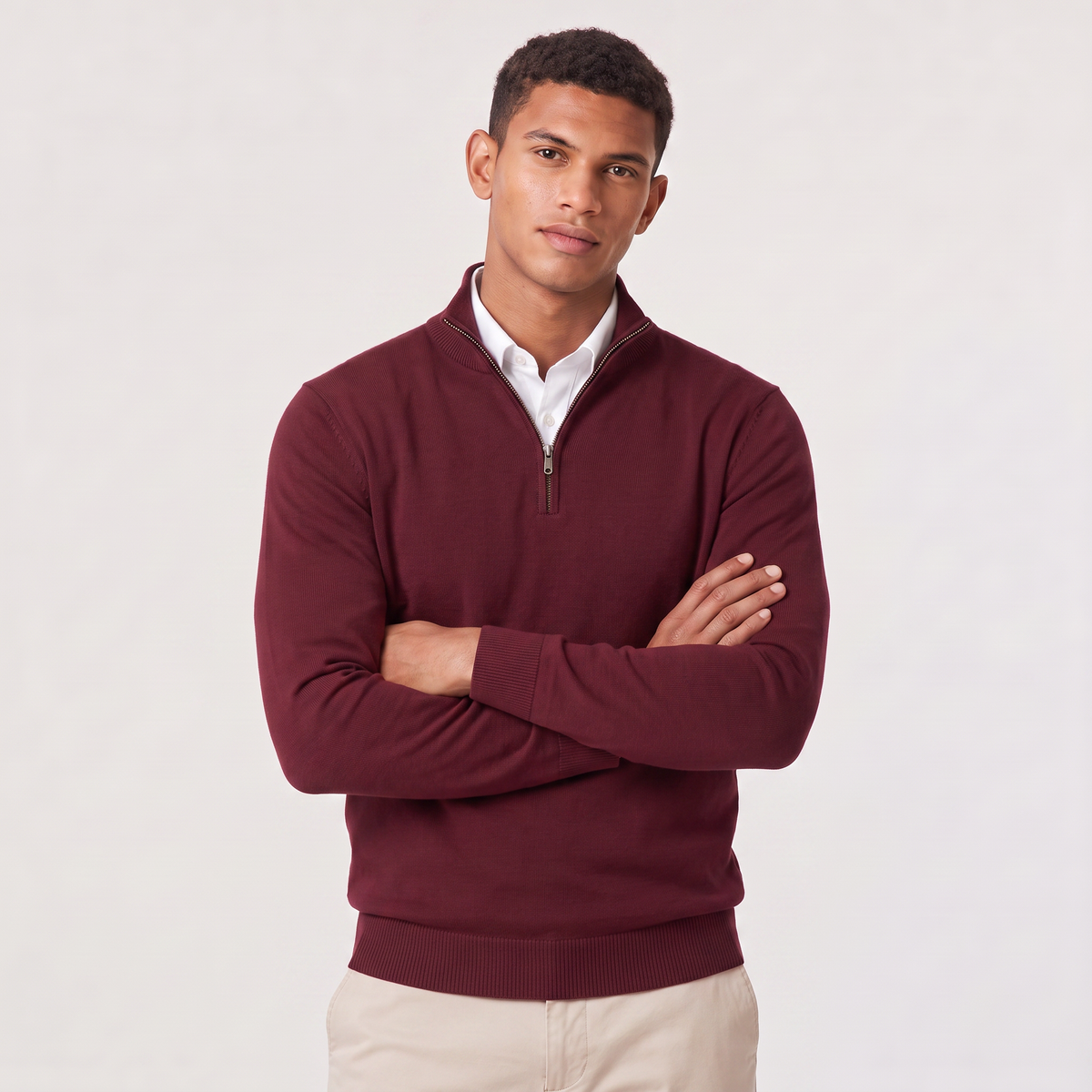 Men's Quarter-Zip Knitted-Look Sweater with Stand Collar