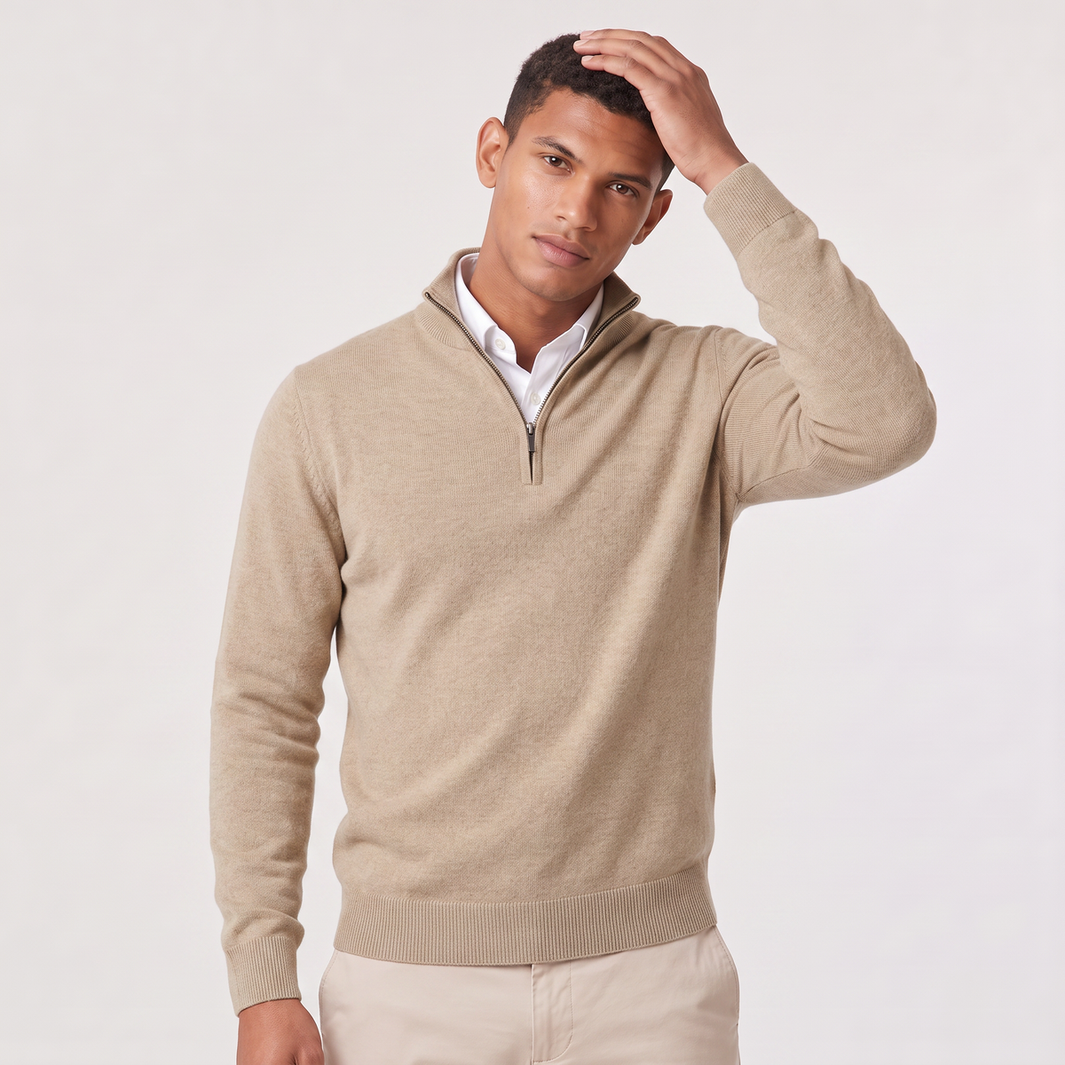 Men's Quarter-Zip Knitted-Look Sweater with Stand Collar