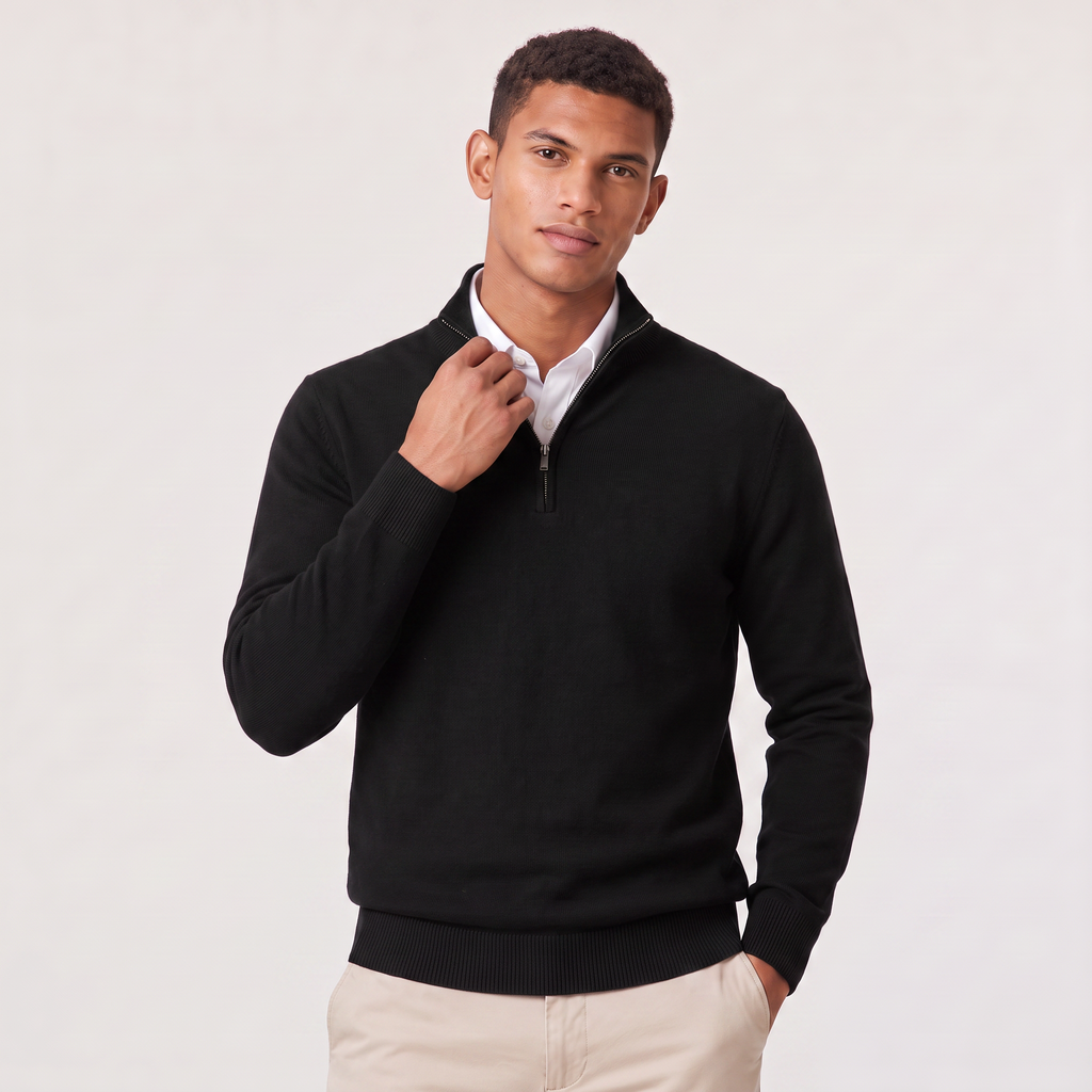 Men's Quarter-Zip Knitted-Look Sweater with Stand Collar