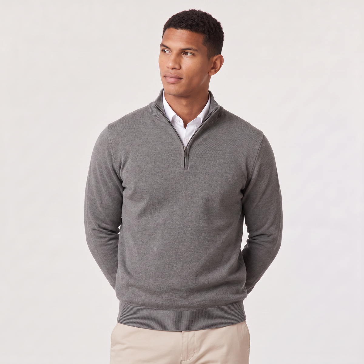 Men's Quarter-Zip Knitted-Look Sweater with Stand Collar