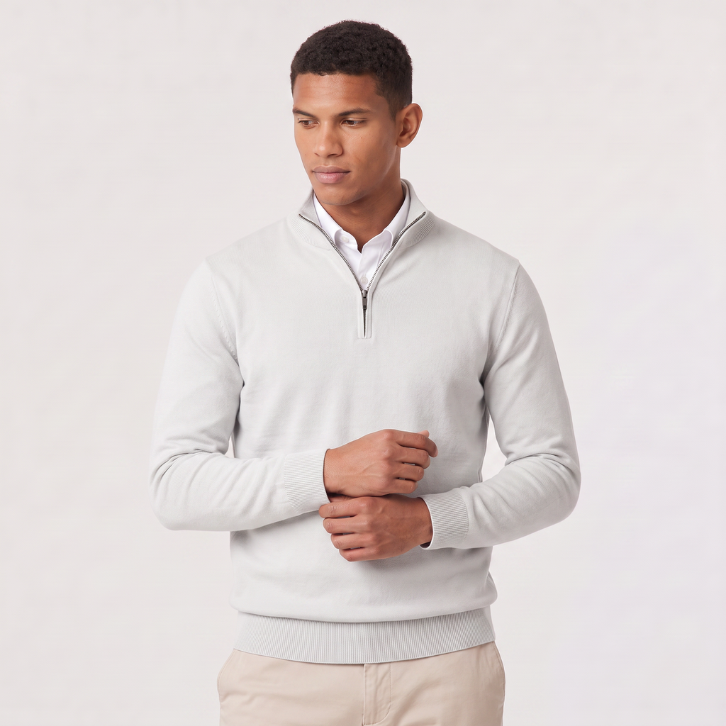 Men's Quarter-Zip Knitted-Look Sweater with Stand Collar