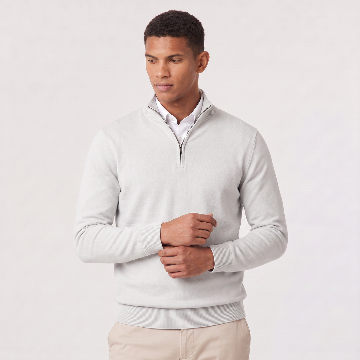 Men's Quarter-Zip Knitted-Look Sweater with Stand Collar