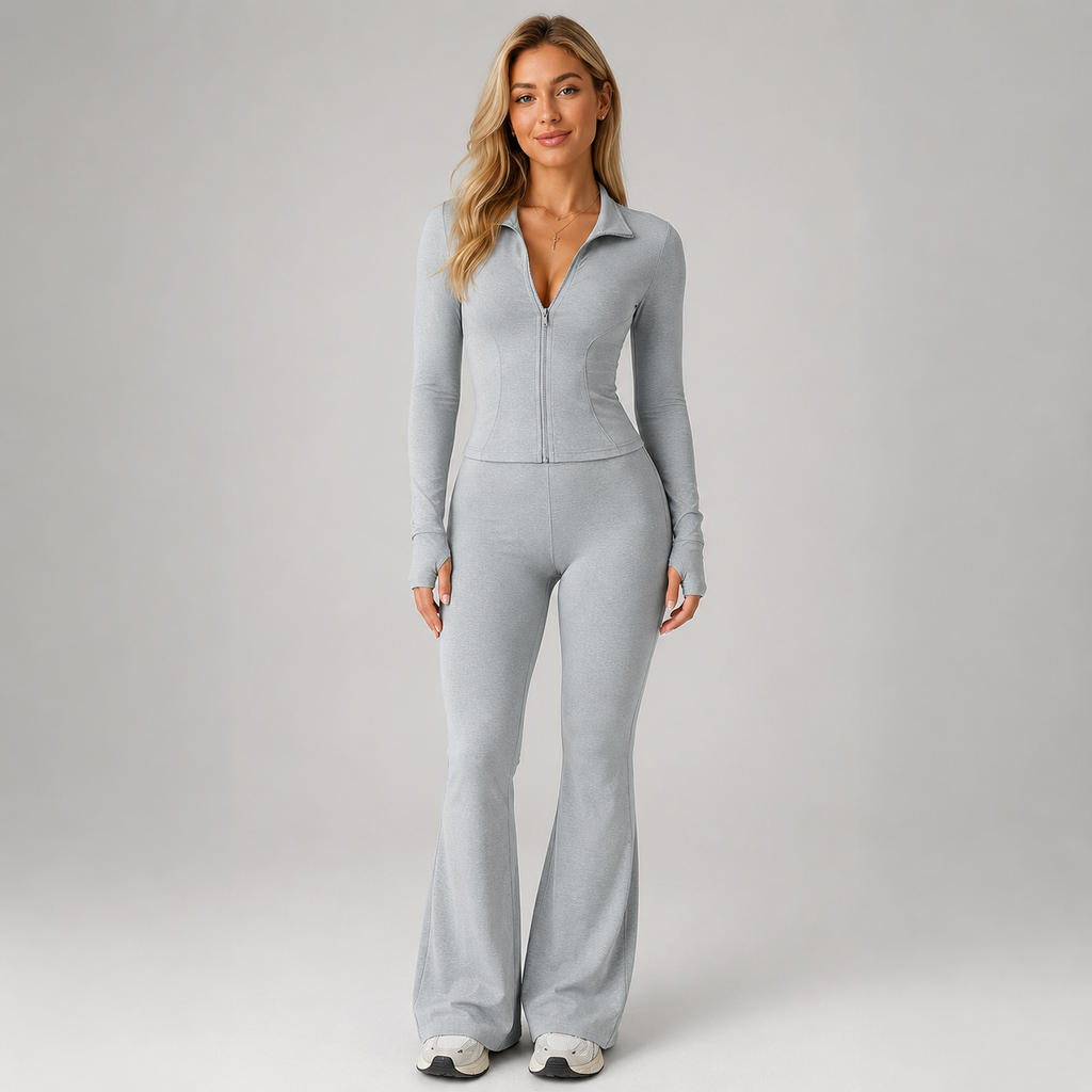 Women's Co-Ord Set Ribbed Zip Top Flared Trousers