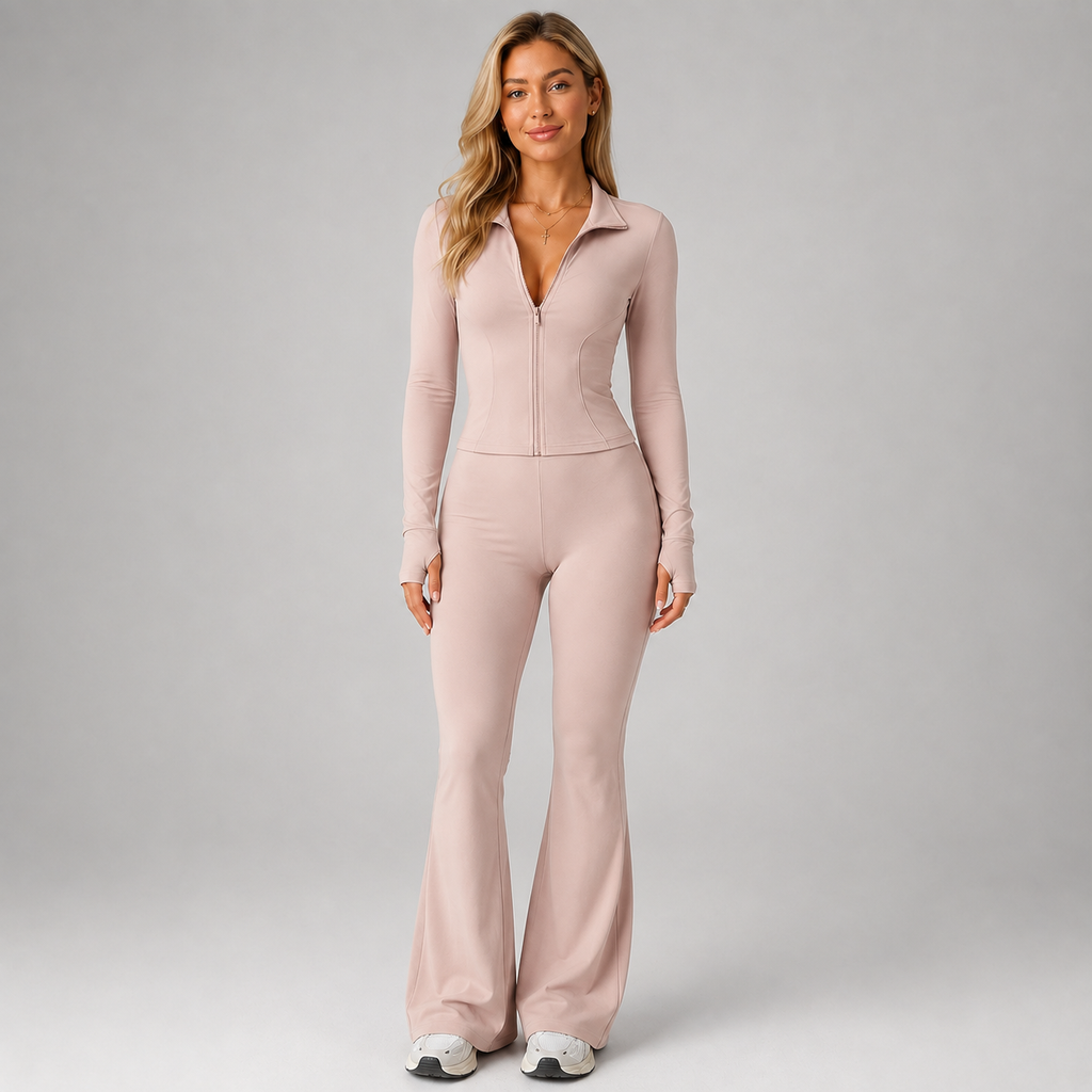 Women's Co-Ord Set Ribbed Zip Top Flared Trousers