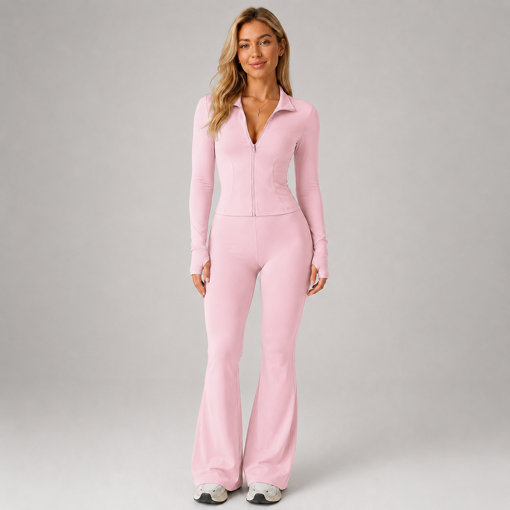 Women's Co-Ord Set Ribbed Zip Top Flared Trousers