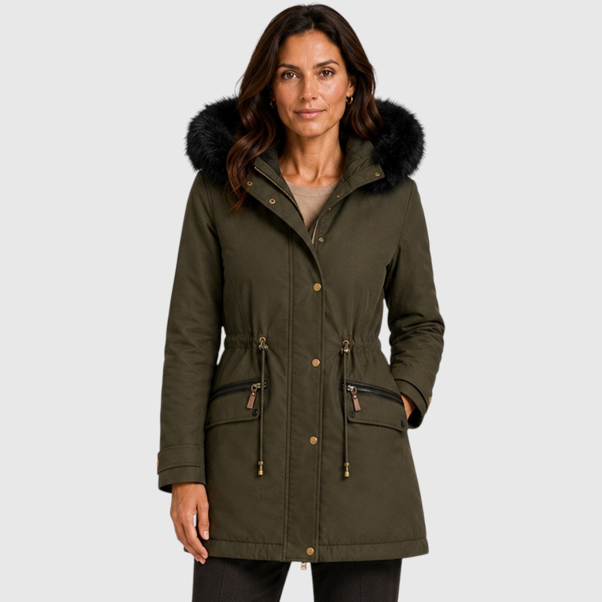 Women's Warm Hooded Jacket with Zip Front, Drawstring Waist and Pockets