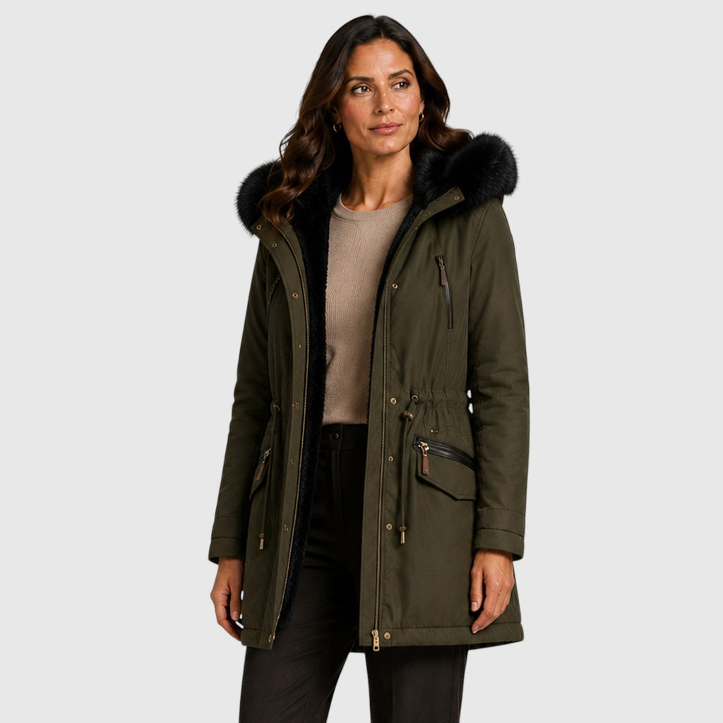 Women's Warm Hooded Jacket with Zip Front, Drawstring Waist and Pockets