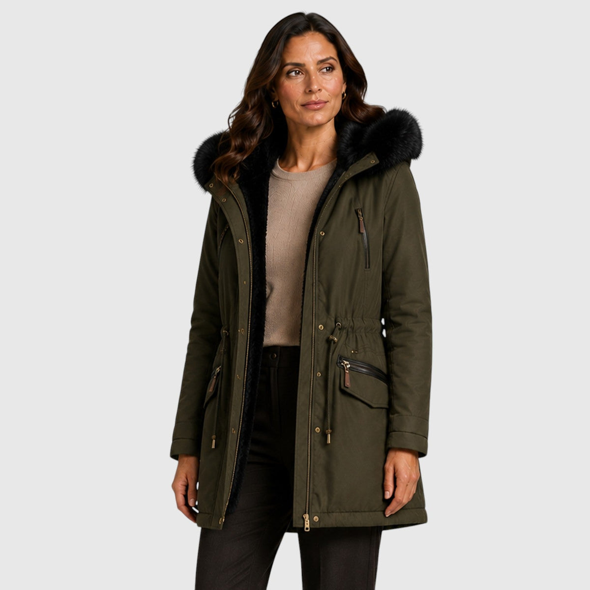 Women's Warm Hooded Jacket with Zip Front, Drawstring Waist and Pockets