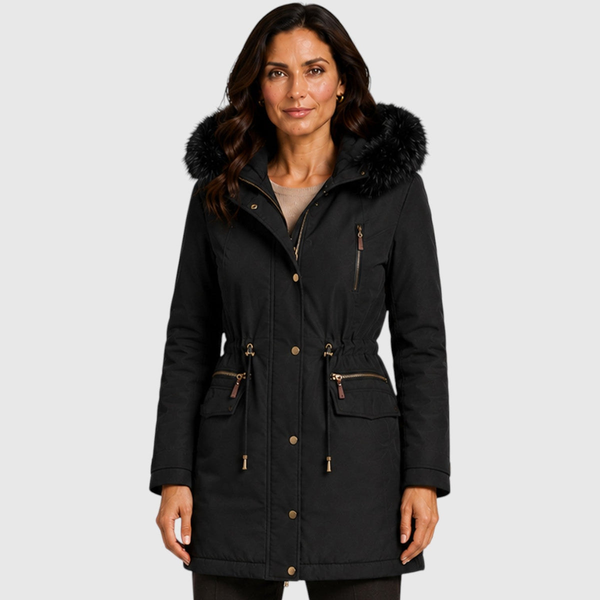 Women's Warm Hooded Jacket with Zip Front, Drawstring Waist and Pockets