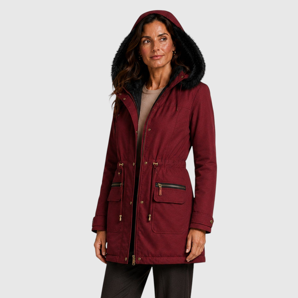 Women's Warm Hooded Jacket with Zip Front, Drawstring Waist and Pockets