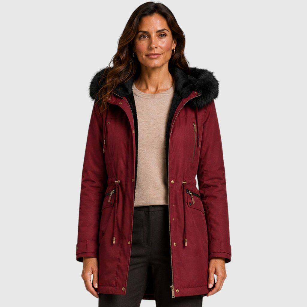 Women's Warm Hooded Jacket with Zip Front, Drawstring Waist and Pockets