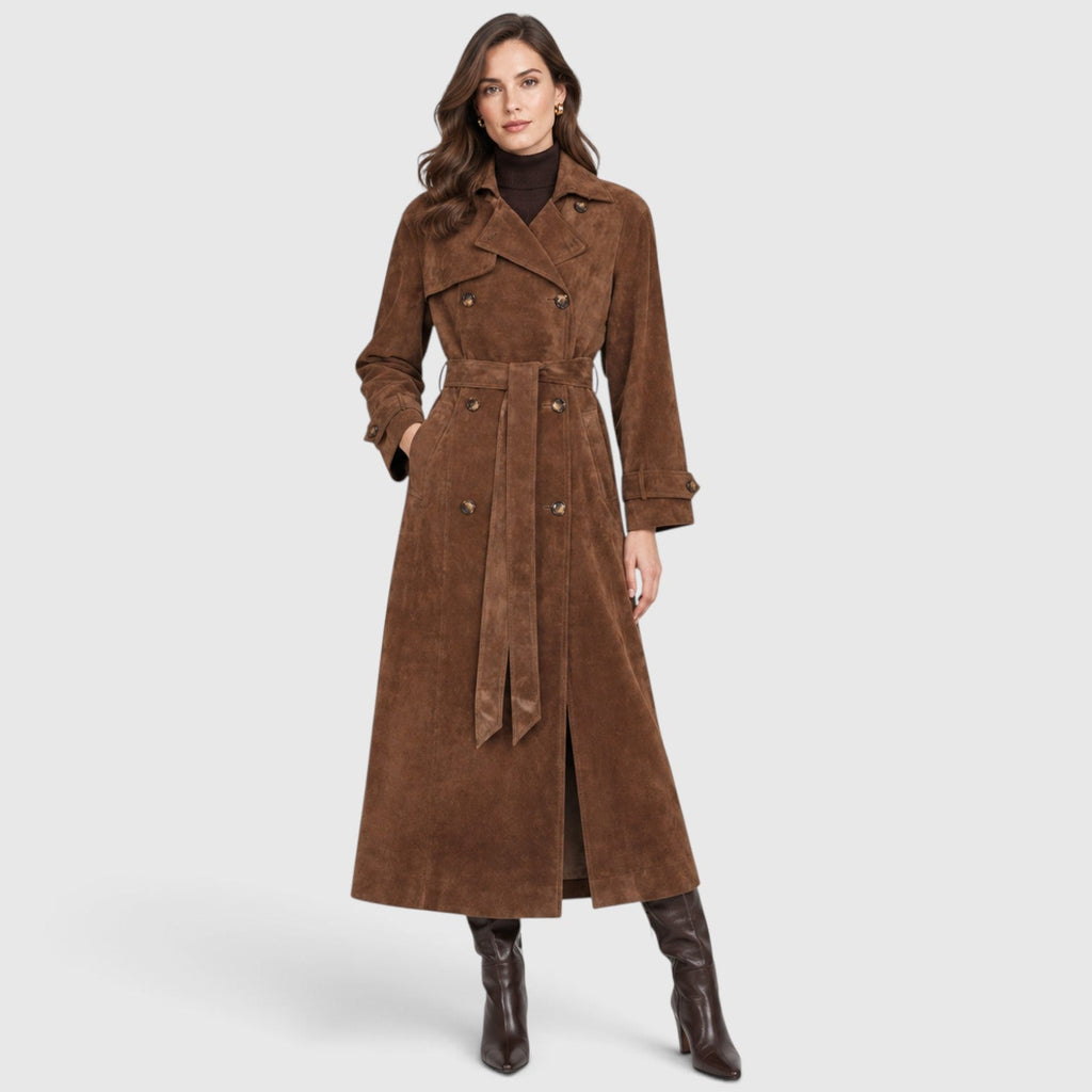 Women's Belted Suede-Effect Trench Coat for Smart Casual Outfits