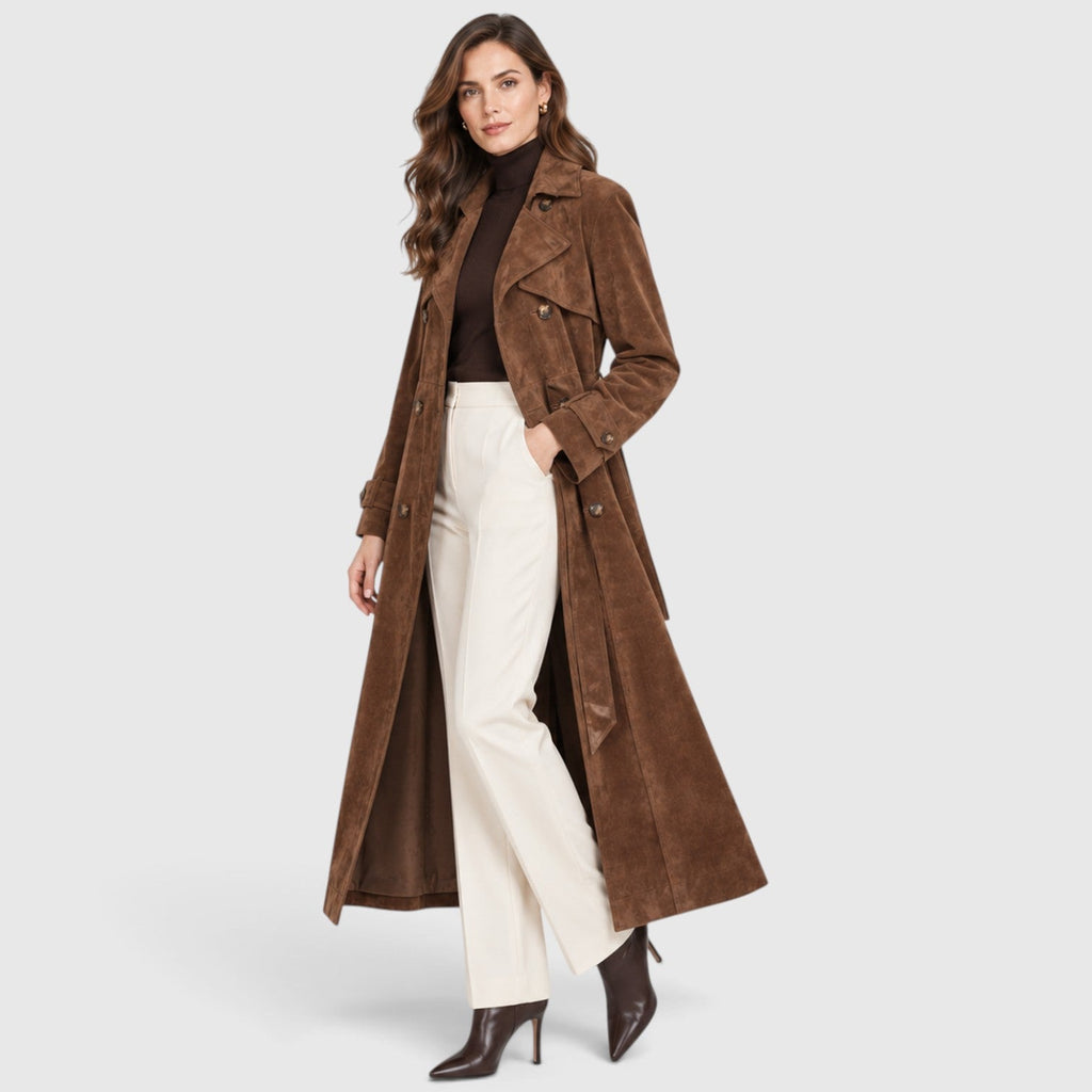 Women's Belted Suede-Effect Trench Coat for Smart Casual Outfits