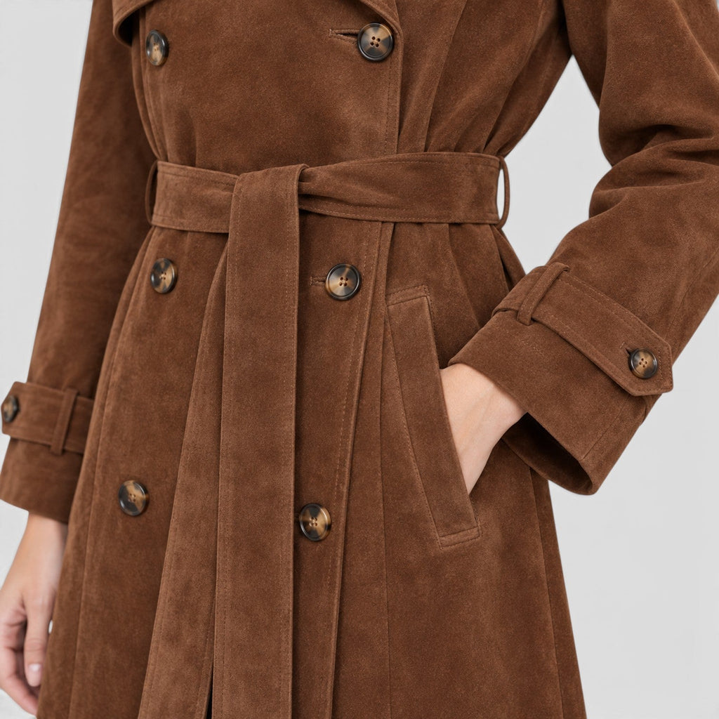 Women's Belted Suede-Effect Trench Coat for Smart Casual Outfits
