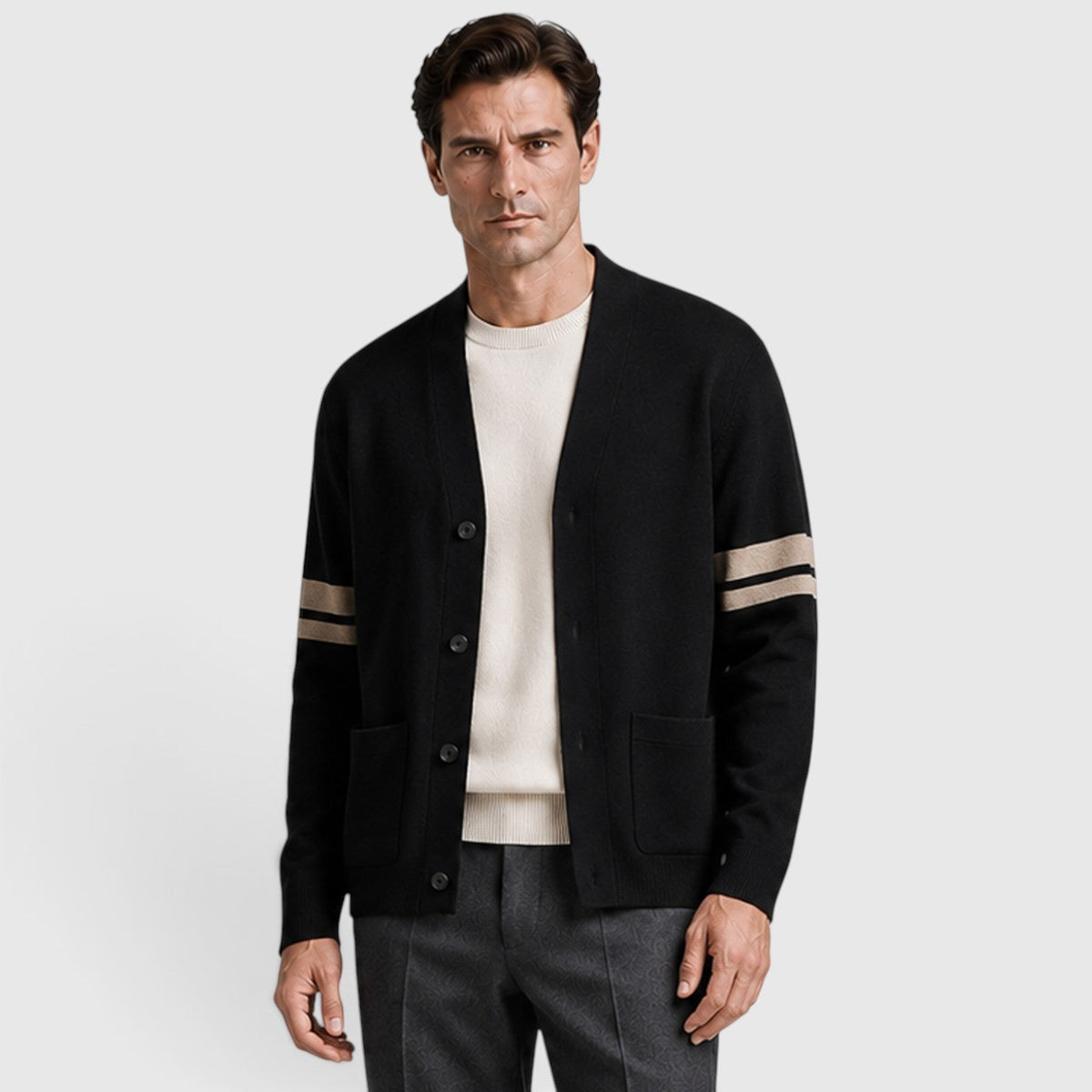 Men's Button-Front Knitted Cardigan with Stripe Detail