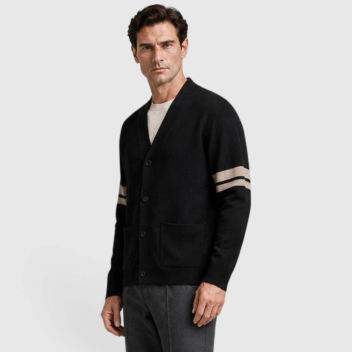 Men's Button-Front Knitted Cardigan with Stripe Detail