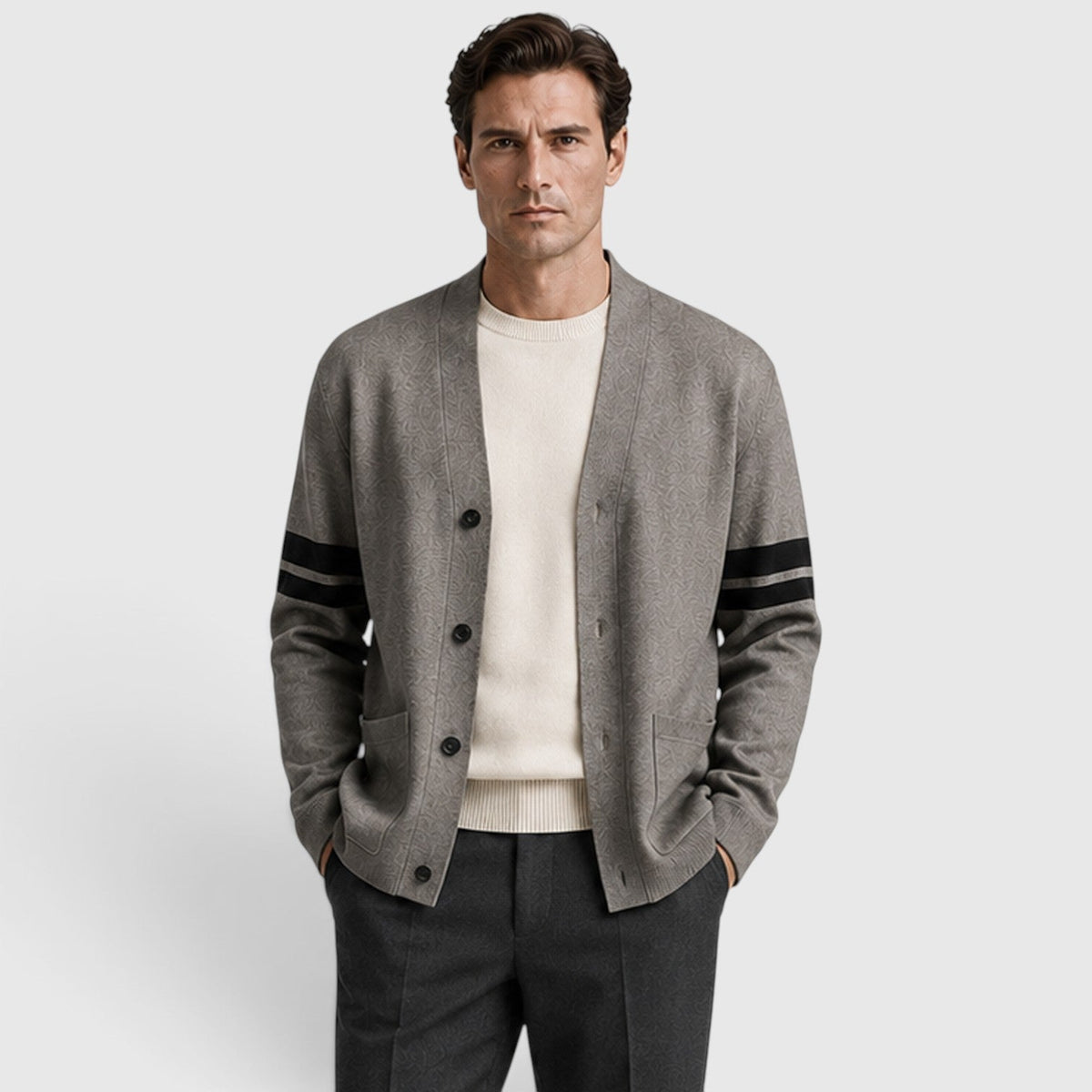 Men's Button-Front Knitted Cardigan with Stripe Detail