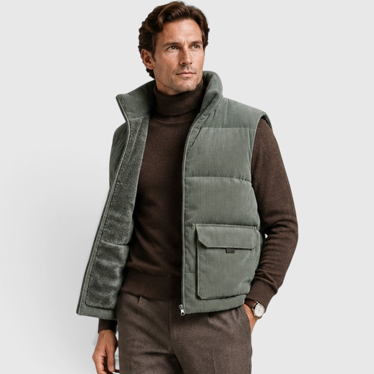Men's Corduroy Puffer Gilet – Fleece-Lined Zip-Up Bodywarmer