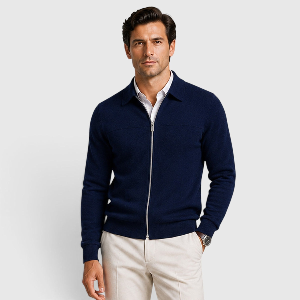 Men's Full-Zip Knit Jumper with Classic Collar