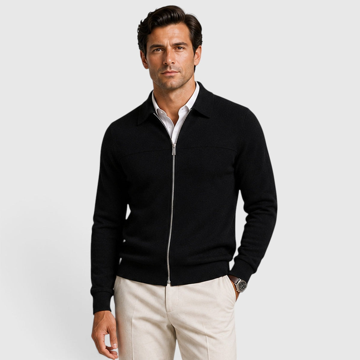 Men's Full-Zip Knit Jumper with Classic Collar