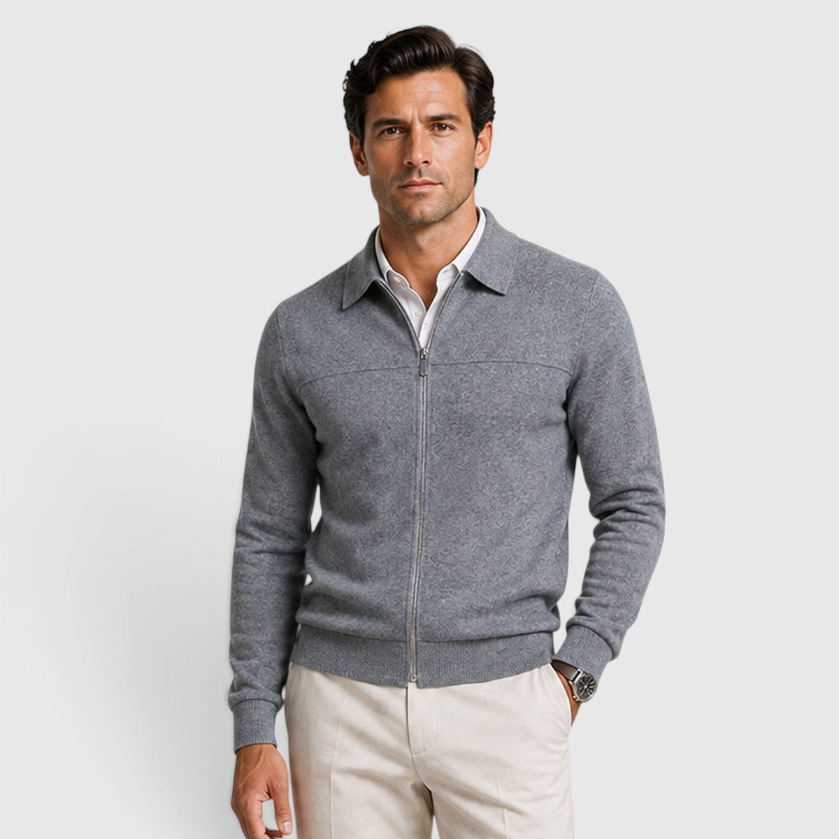 Men's Full-Zip Knit Jumper with Classic Collar
