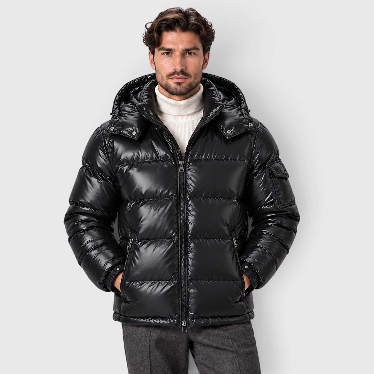 Men's Black Insulated Winter Puffer Jacket with Removable Hood