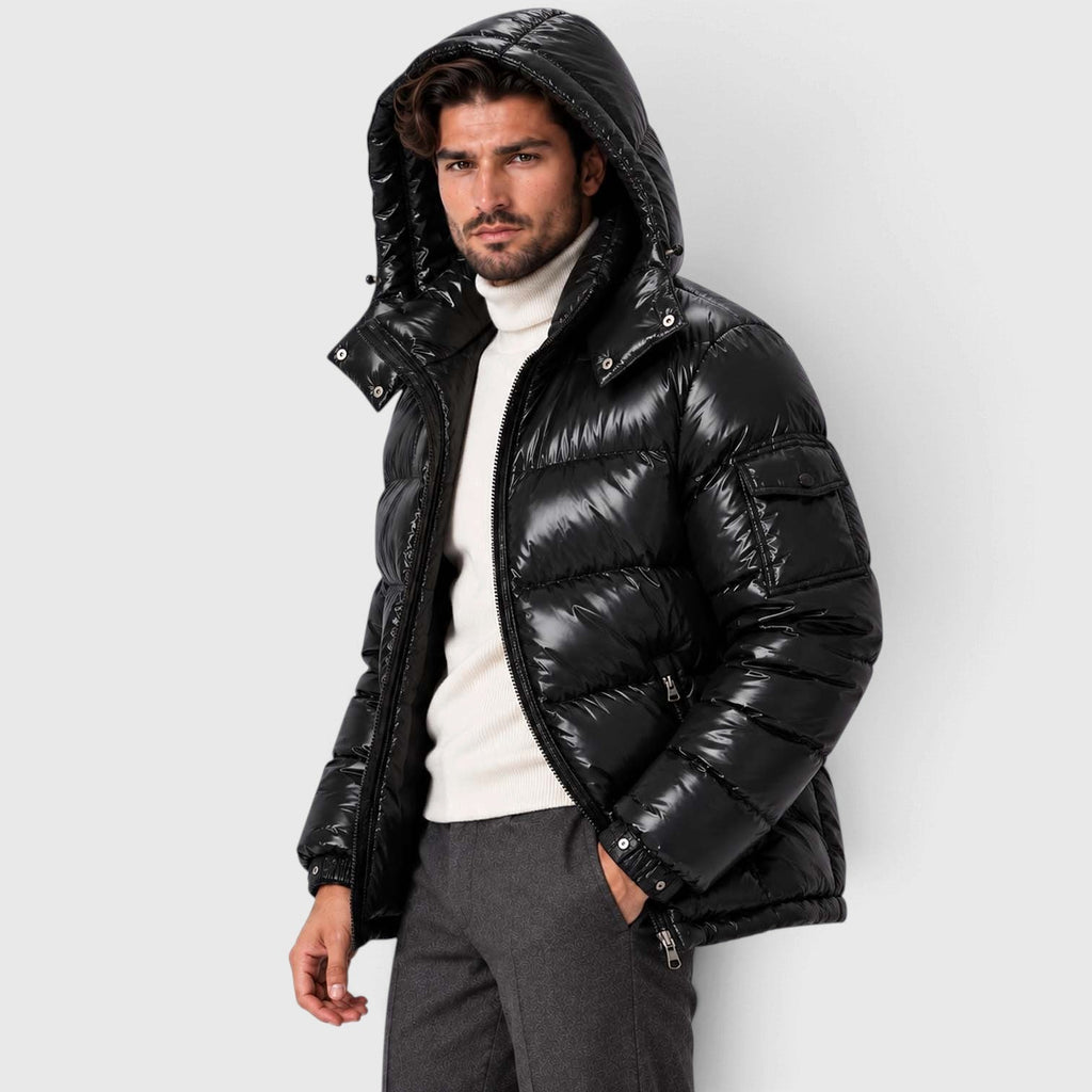 Men's Black Insulated Winter Puffer Jacket with Removable Hood