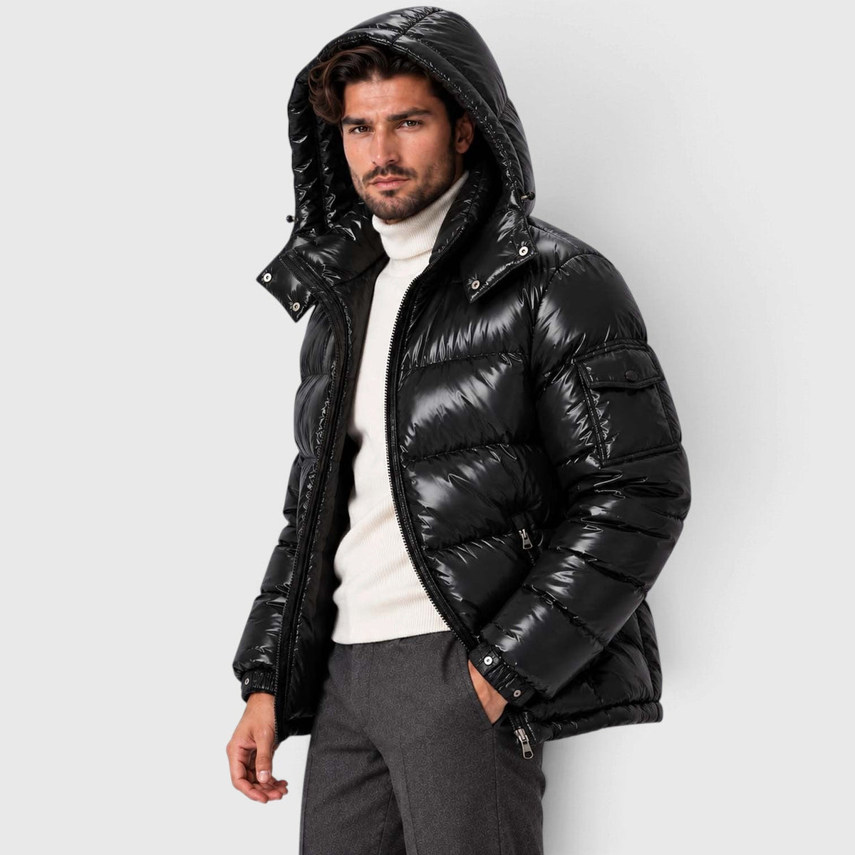 Men's Black Insulated Winter Puffer Jacket with Removable Hood