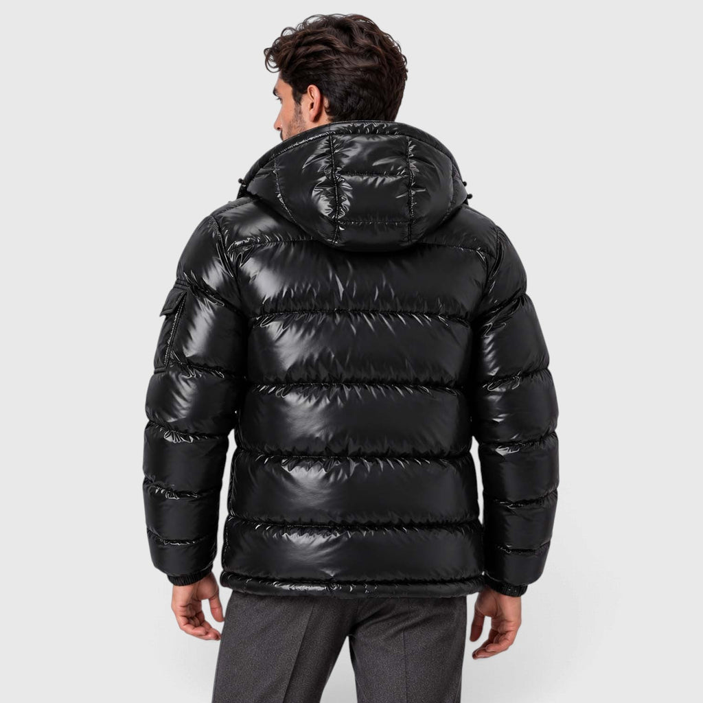 Men's Black Insulated Winter Puffer Jacket with Removable Hood