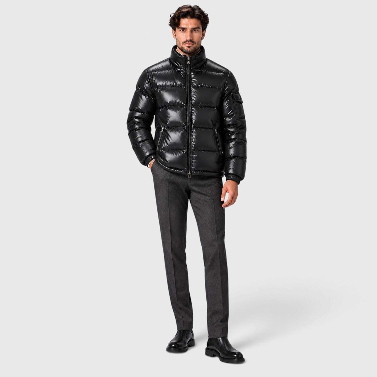Men's Black Insulated Winter Puffer Jacket with Removable Hood