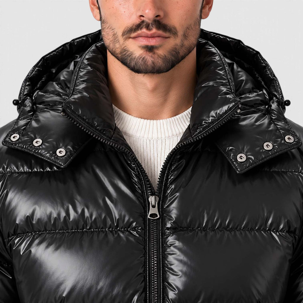 Men's Black Insulated Winter Puffer Jacket with Removable Hood