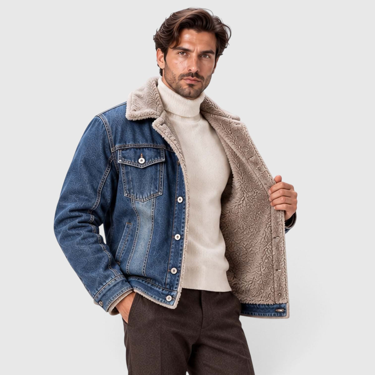 Men's Warm Sherpa-Lined Denim Trucker Jacket
