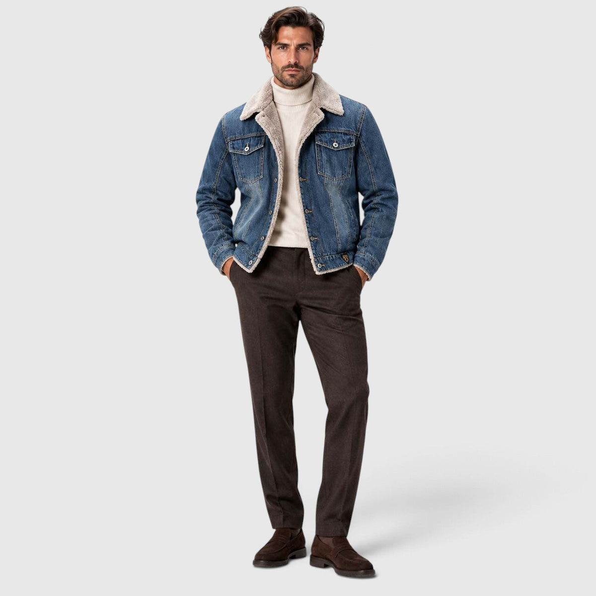 Men's Warm Sherpa-Lined Denim Trucker Jacket