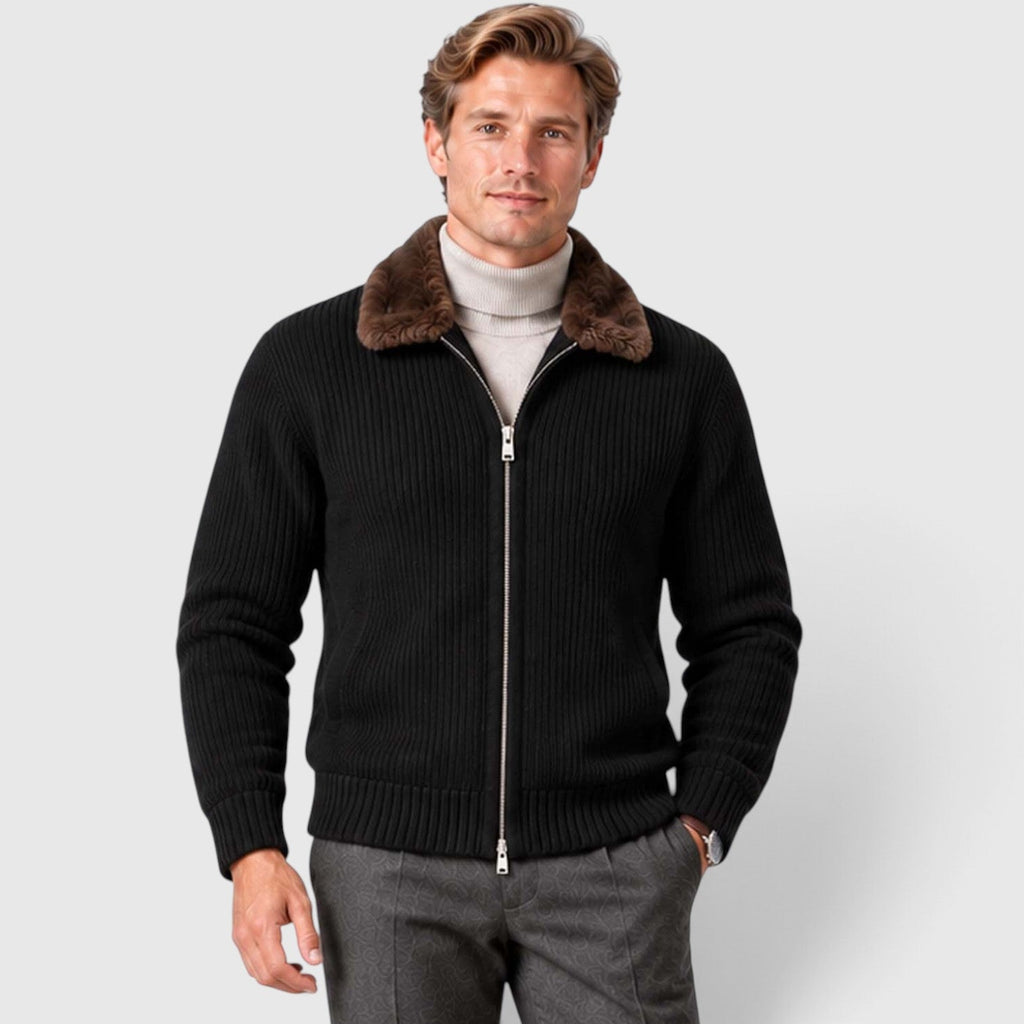 Men's Ribbed Knit Zip Cardigan with Faux Fur Collar