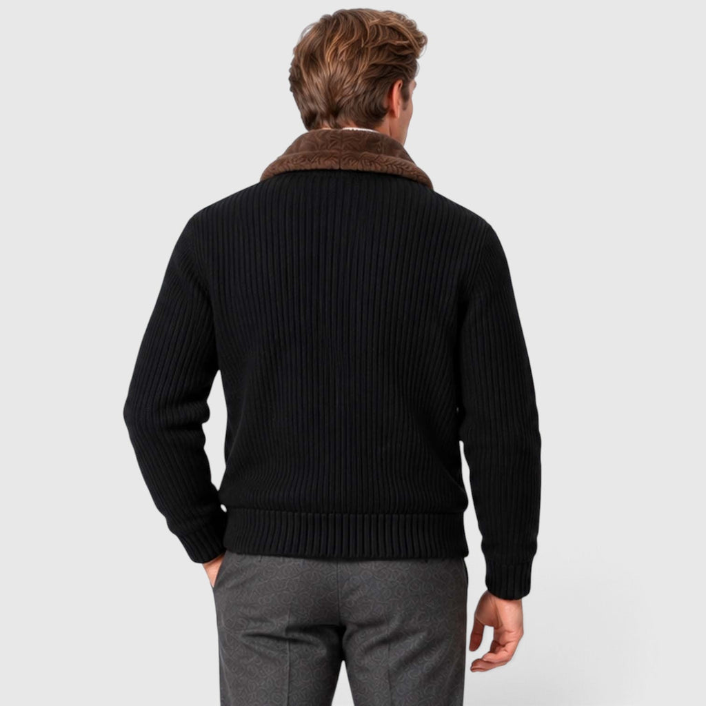 Men's Ribbed Knit Zip Cardigan with Faux Fur Collar