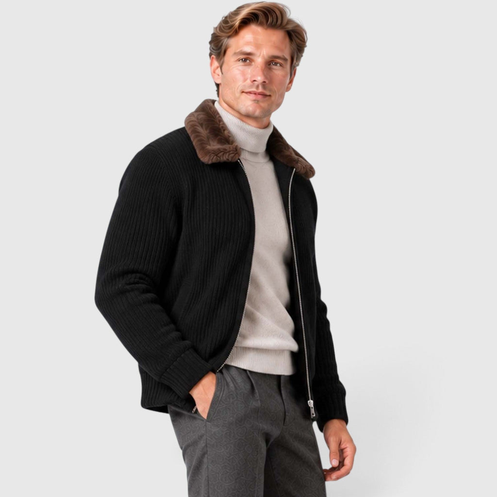 Men's Ribbed Knit Zip Cardigan with Faux Fur Collar
