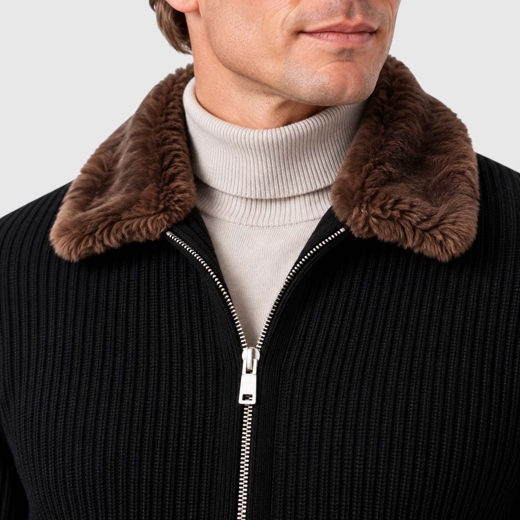 Men's Ribbed Knit Zip Cardigan with Faux Fur Collar