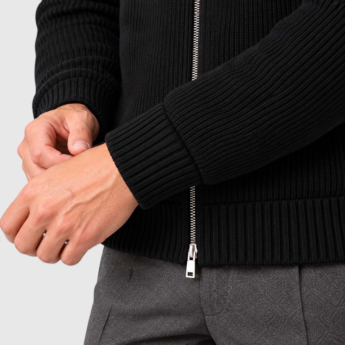 Men's Ribbed Knit Zip Cardigan with Faux Fur Collar