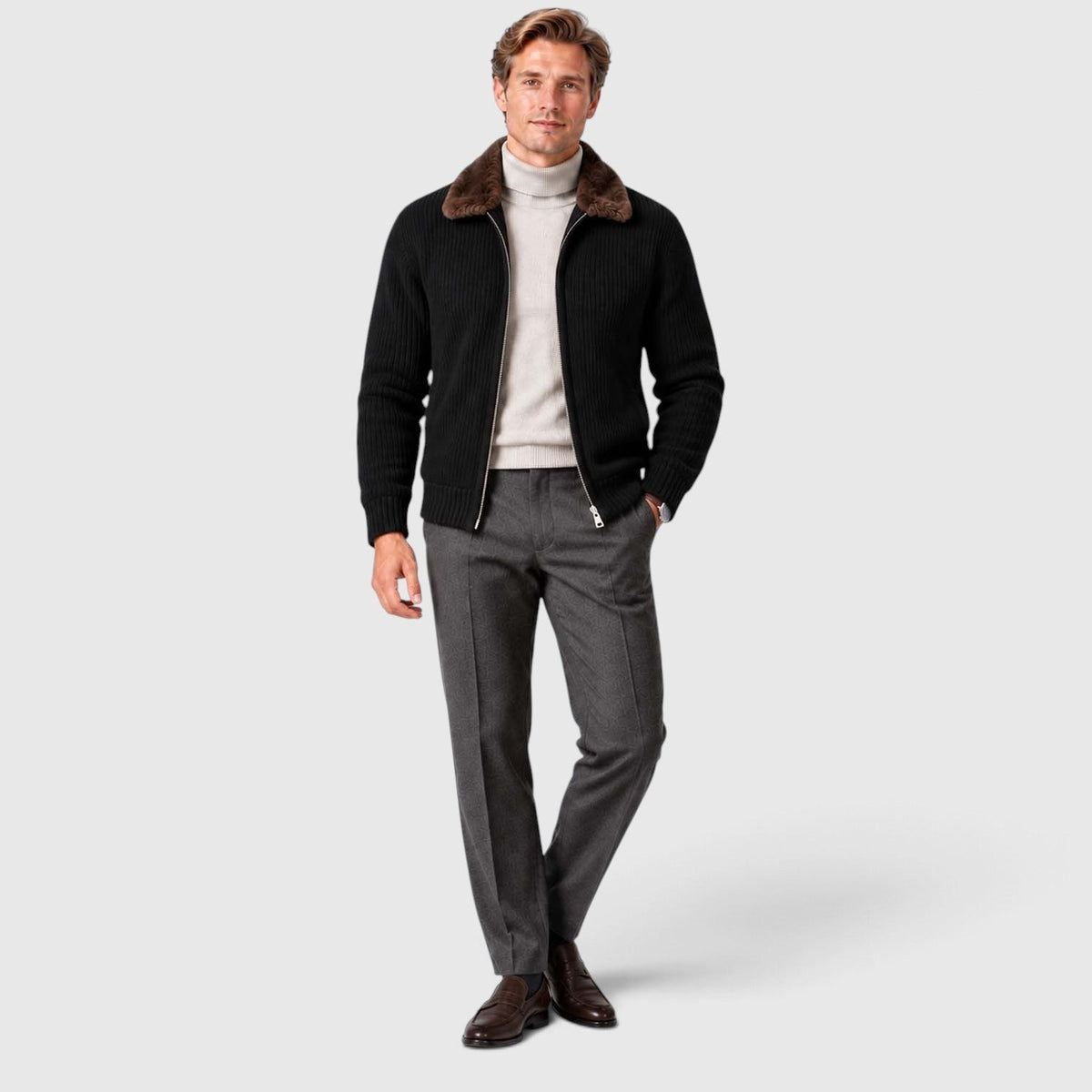 Men's Ribbed Knit Zip Cardigan with Faux Fur Collar