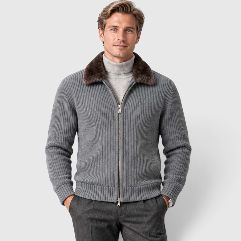 Men's Ribbed Knit Zip Cardigan with Faux Fur Collar